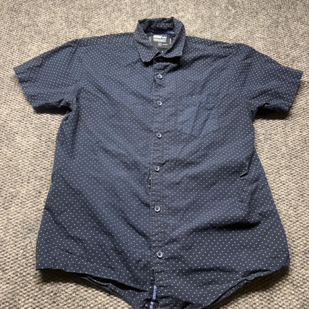 Monument Mens Navy Blue Geometric Print Short Sleeve Button Down Shirt Size M